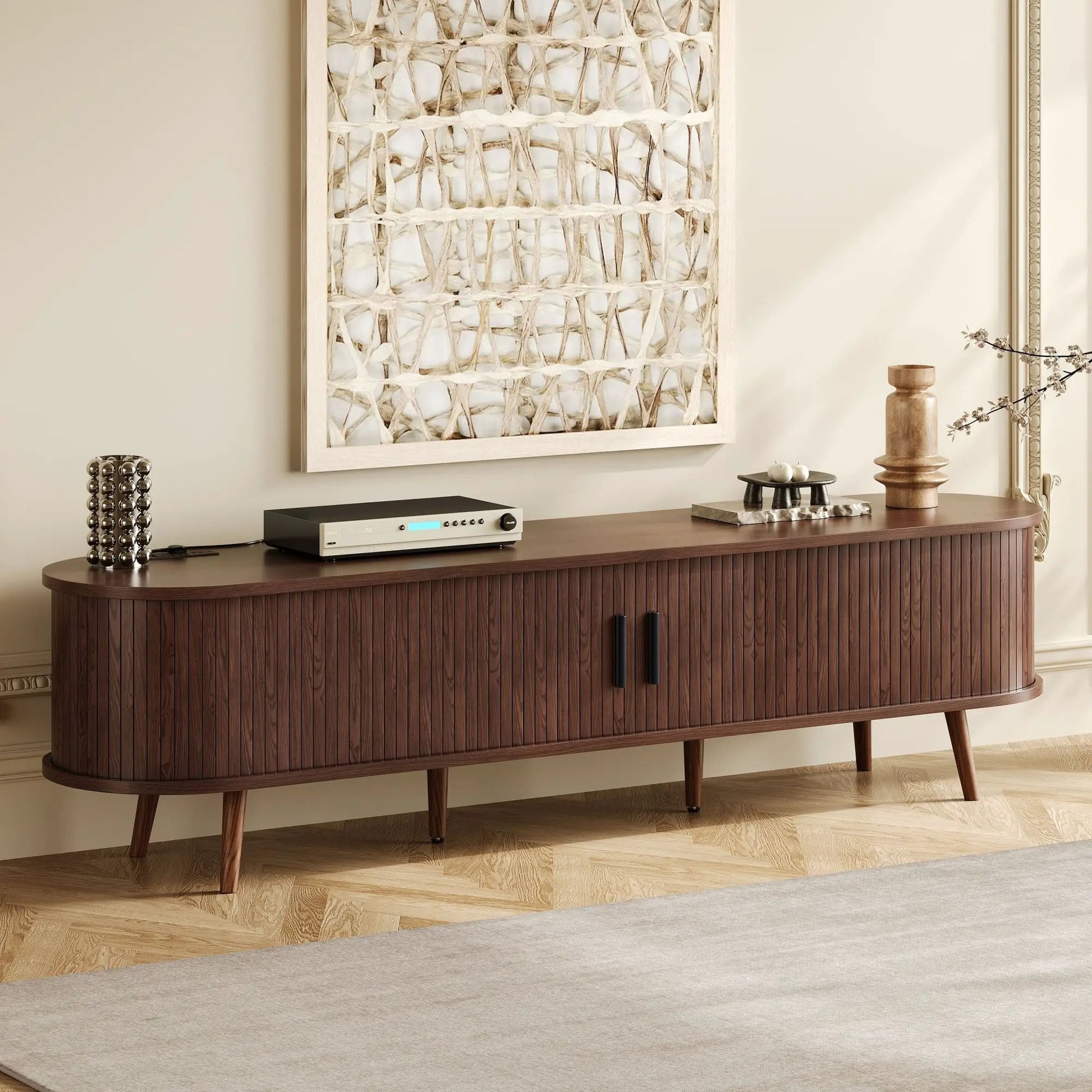 Dark brown TV stand with tambour doors, drawers and built-in outlet for 70-inch TV on Tampa Home & Garden Store