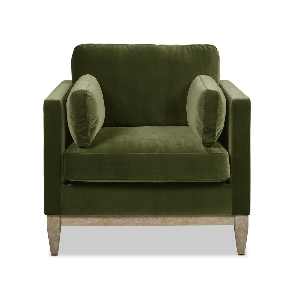 Arm chair in olive green velvet with reversible cushions and light wood legs on Tampa Home & Garden Store