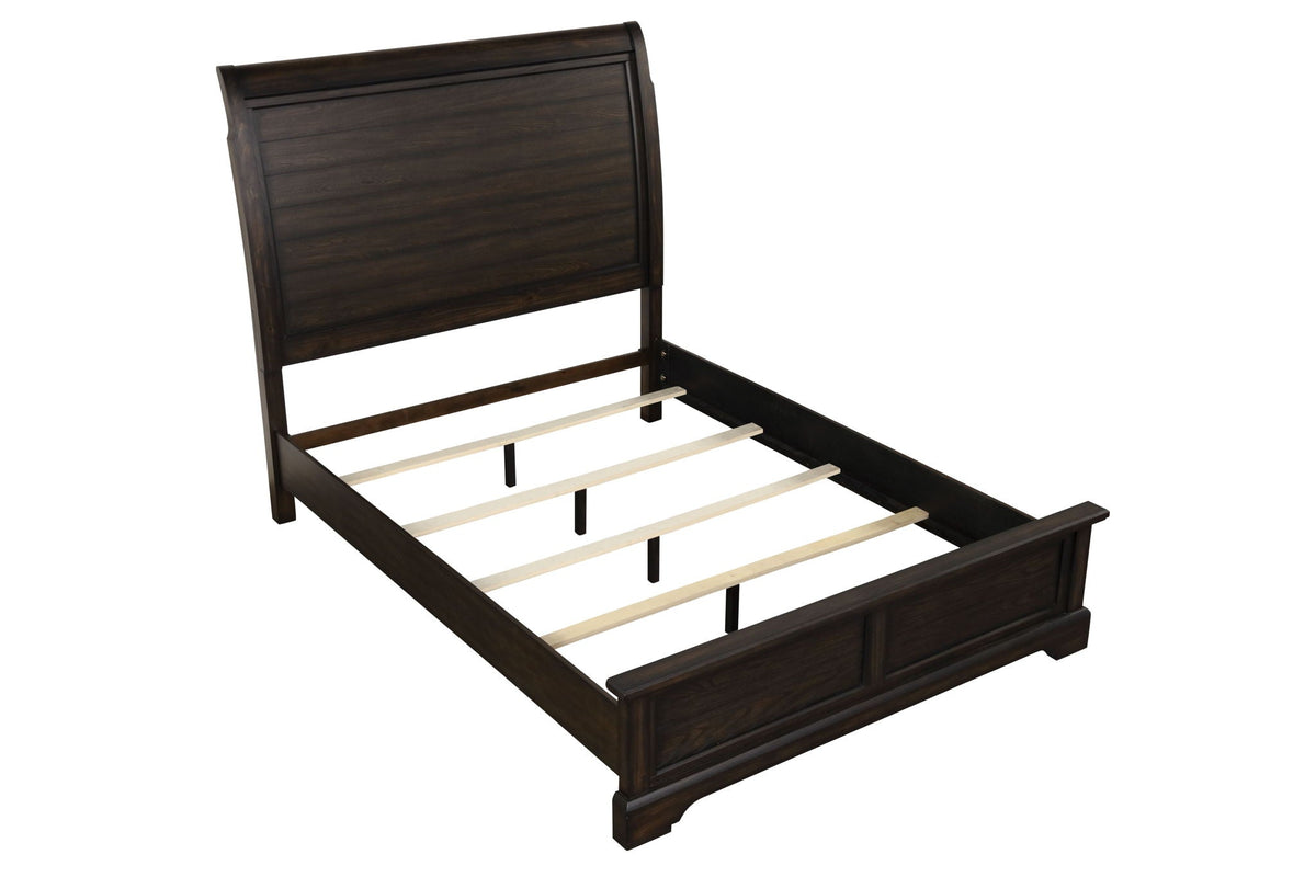 Crafted Sleigh Bed by HouseOfZazla in dark wood with slatted bed base on Tampa Home & Garden Store