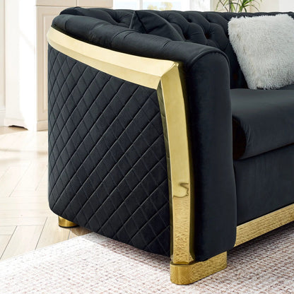L-shaped Chesterfield sectional with black velvet and gold-tone frame on Tampa Home & Garden Store
