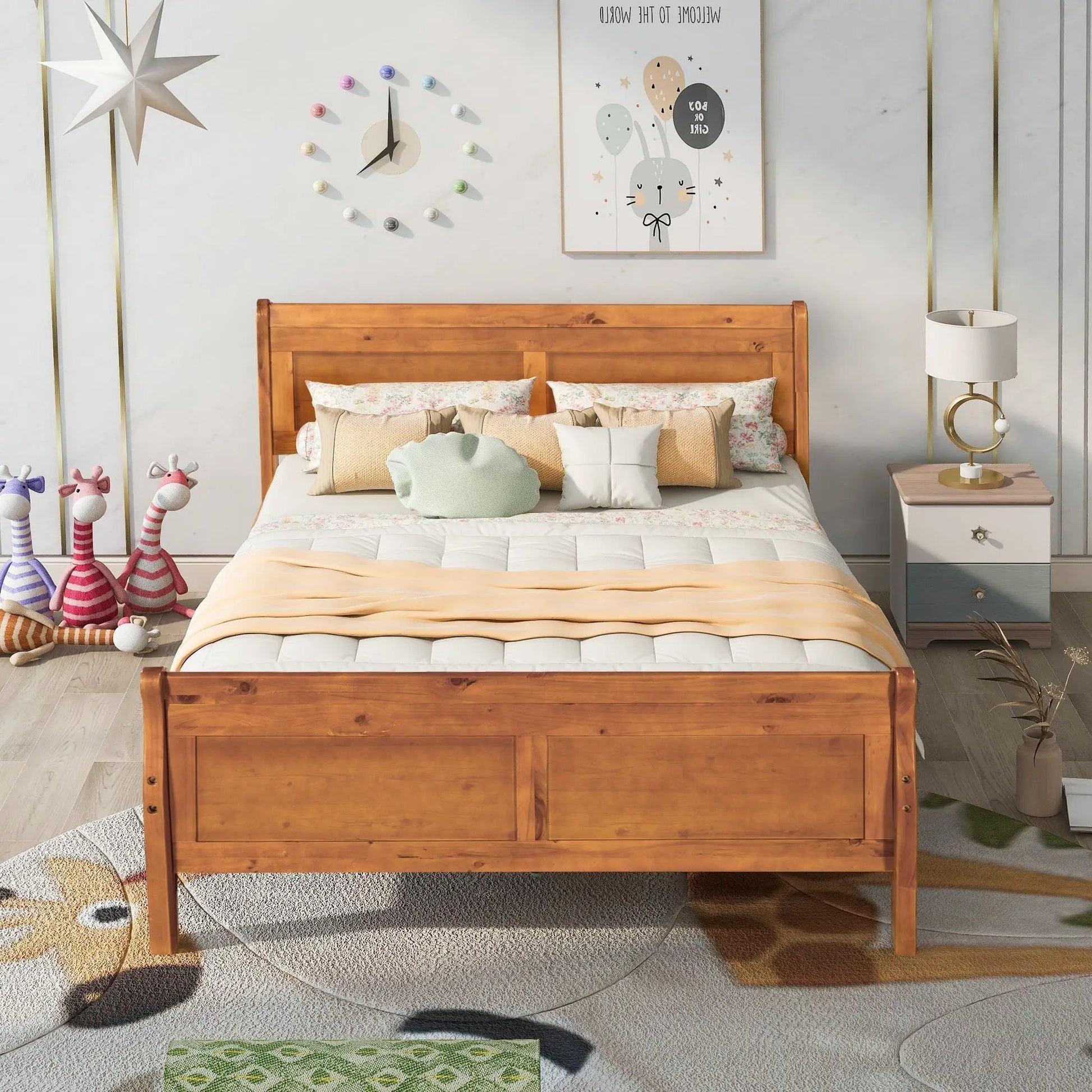 Platform bed frame with sleigh headboard and footboard in warm wood with slat support on Tampa Home & Garden Store