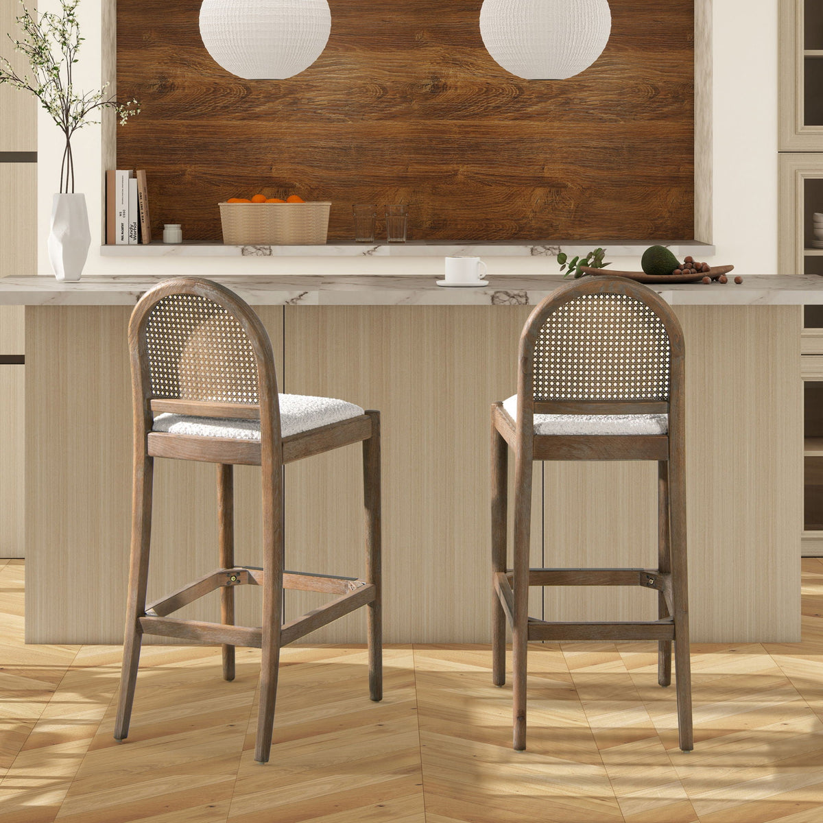 Curved-back cane counter stools with natural cane weave, wood frame, HouseOfZazla, set of 2 on Tampa Home & Garden Store