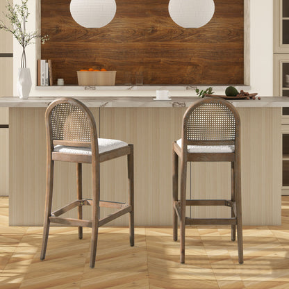 Curved-back cane counter stools with natural cane weave, wood frame, HouseOfZazla, set of 2 on Tampa Home & Garden Store