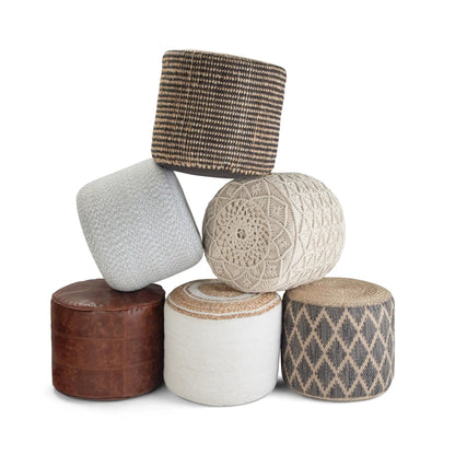 Serena Handcrafted Round Braided Pouf; assorted textured poufs in gray, beige, brown on Tampa Home & Garden Store