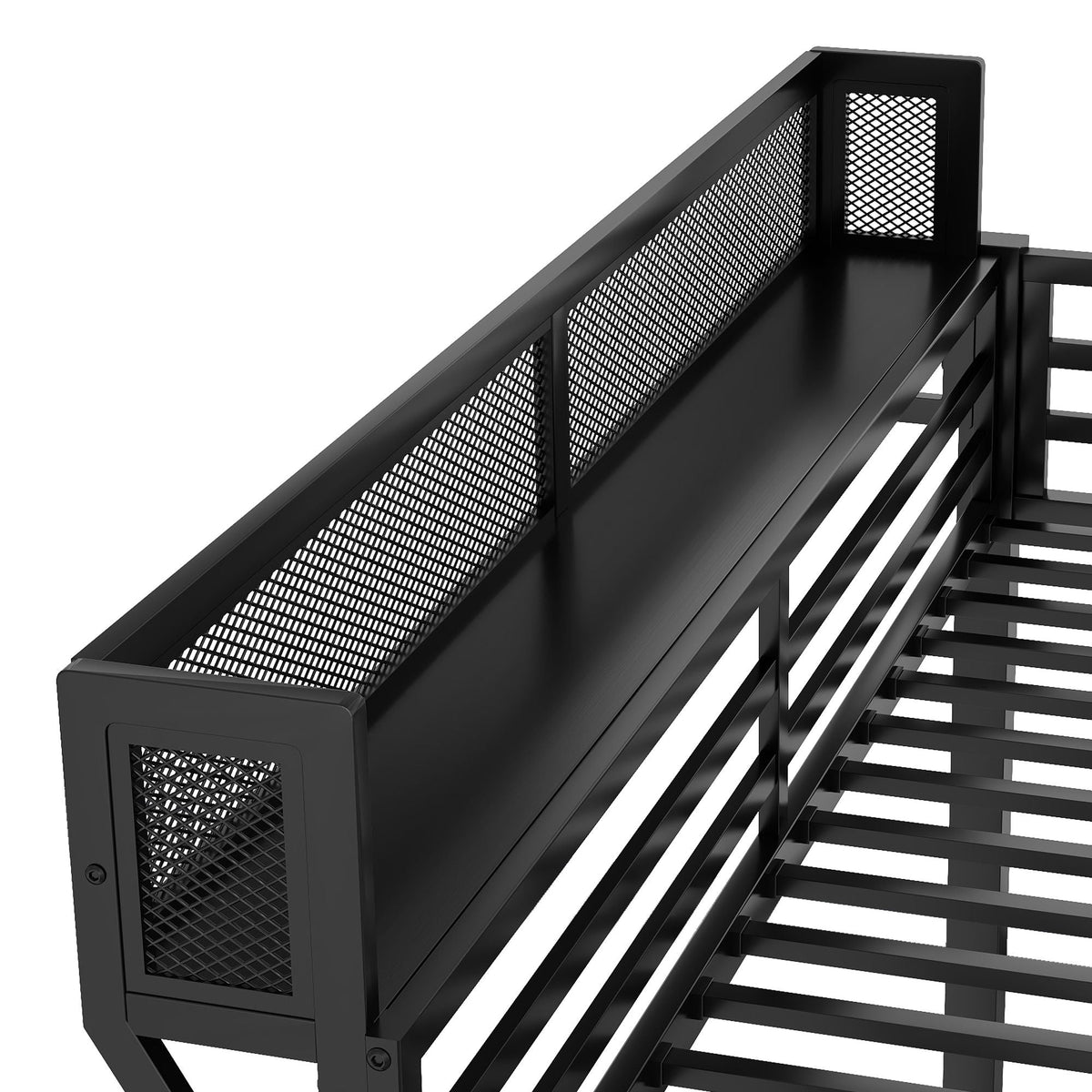 Queen Over Queen bunk bed in black metal with mesh safety rails and integrated ladder on Tampa Home & Garden Store
