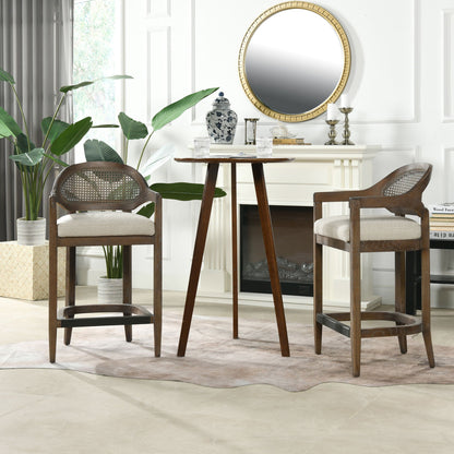 Barrel-Back Cane Counter Stool by HouseOfZazla, dark wood with beige cushion, set of 3 on Tampa Home & Garden Store