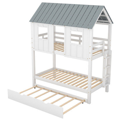 Twin size house bunk bed with trundle, white frame, gray roof panels, HouseOfZazla on Tampa Home & Garden Store