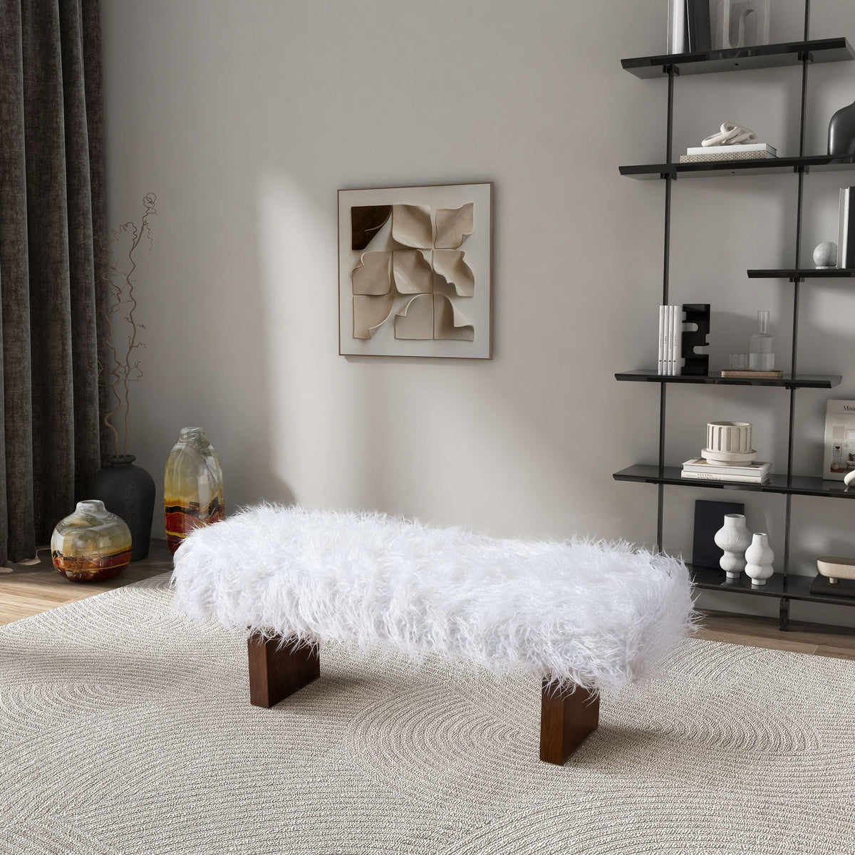 White khaki fur upholstered bench with walnut frame by HouseOfZazla on Tampa Home & Garden Store