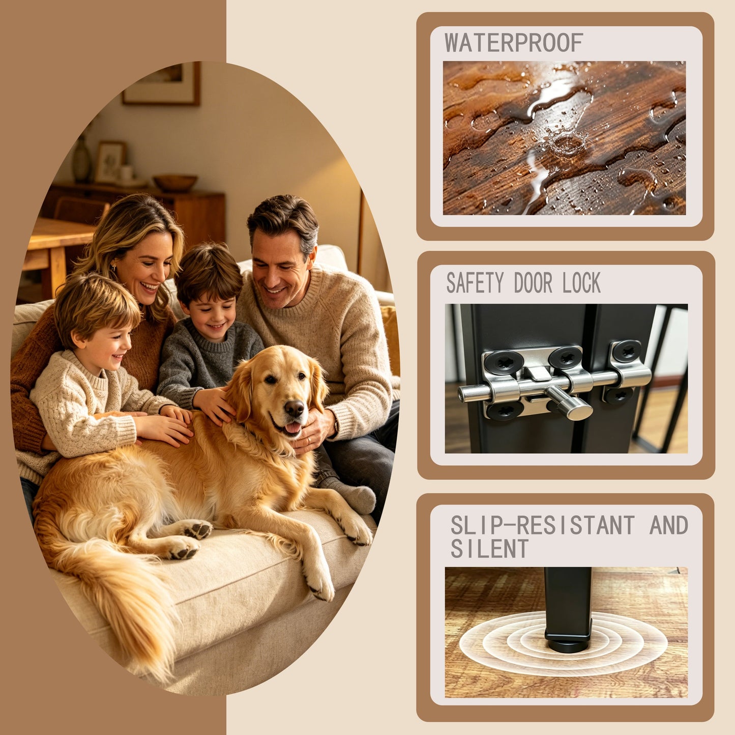 Vintage Wood Grain Dog Cage with Rotating Bowl in a living room scene with a family dog on Tampa Home & Garden Store