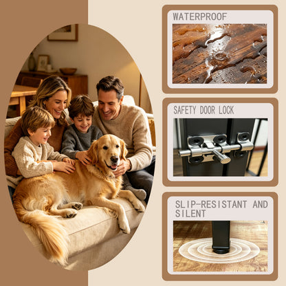 Vintage Wood Grain Dog Cage with Rotating Bowl in a living room scene with a family dog on Tampa Home & Garden Store