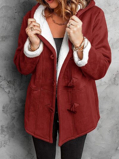 Full Size pocketed hooded toggle jacket by Stevvex in red with white shearling trim on Tampa Home & Garden Store