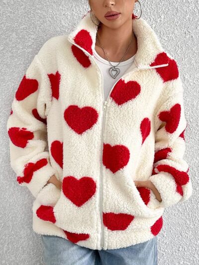 Cute Heart Zip Up Furry Jacket by Stevvex, white sherpa with red hearts, cozy jacket on Tampa Home & Garden Store