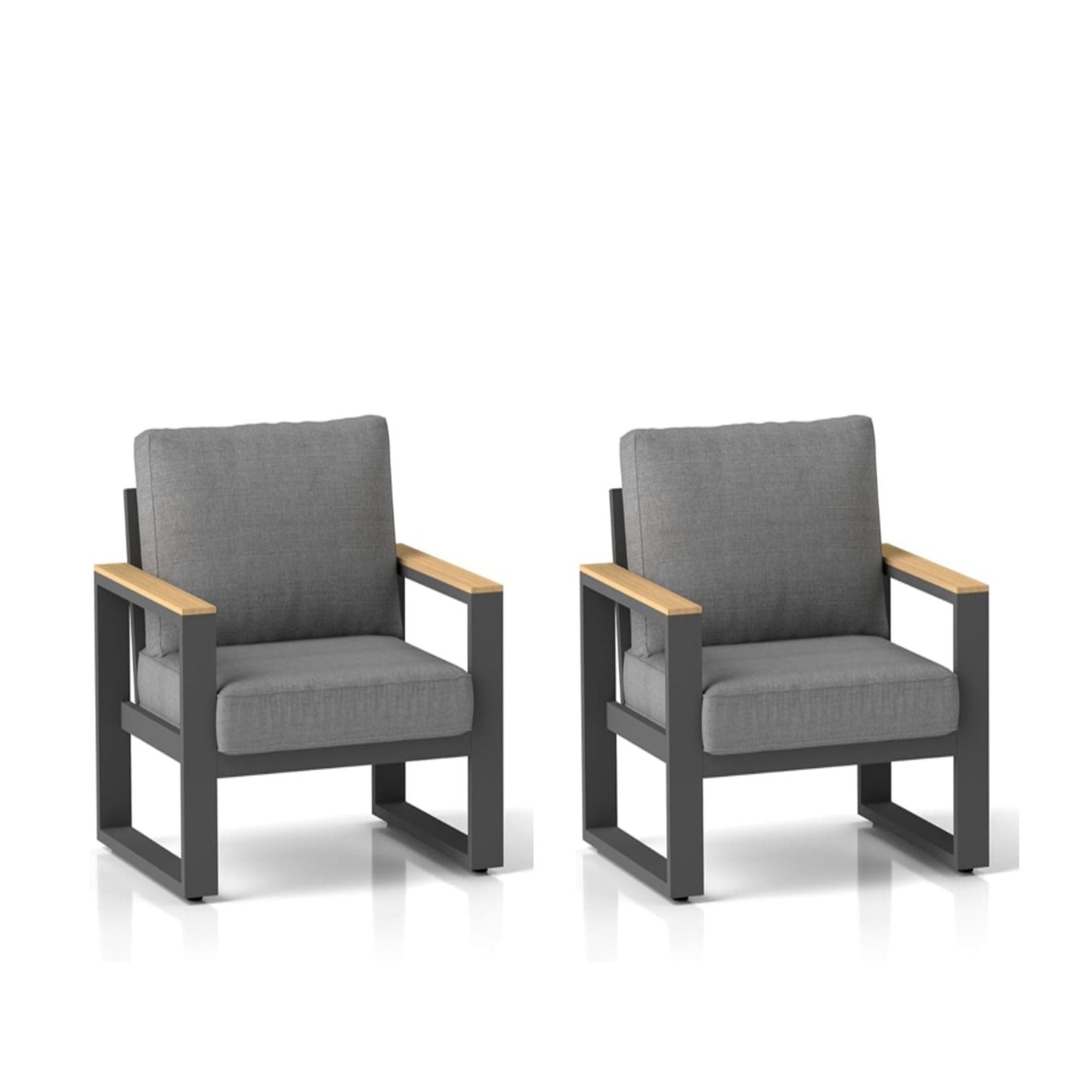 All-Weather Patio Armchairs Set of 2 with thick gray cushions and wood arms HouseOfZazla on Tampa Home & Garden Store