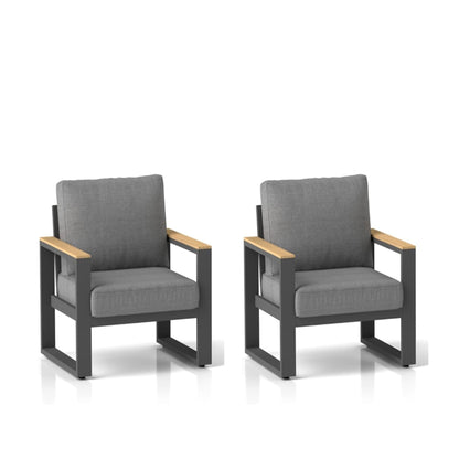All-Weather Patio Armchairs Set of 2 with thick gray cushions and wood arms HouseOfZazla on Tampa Home & Garden Store