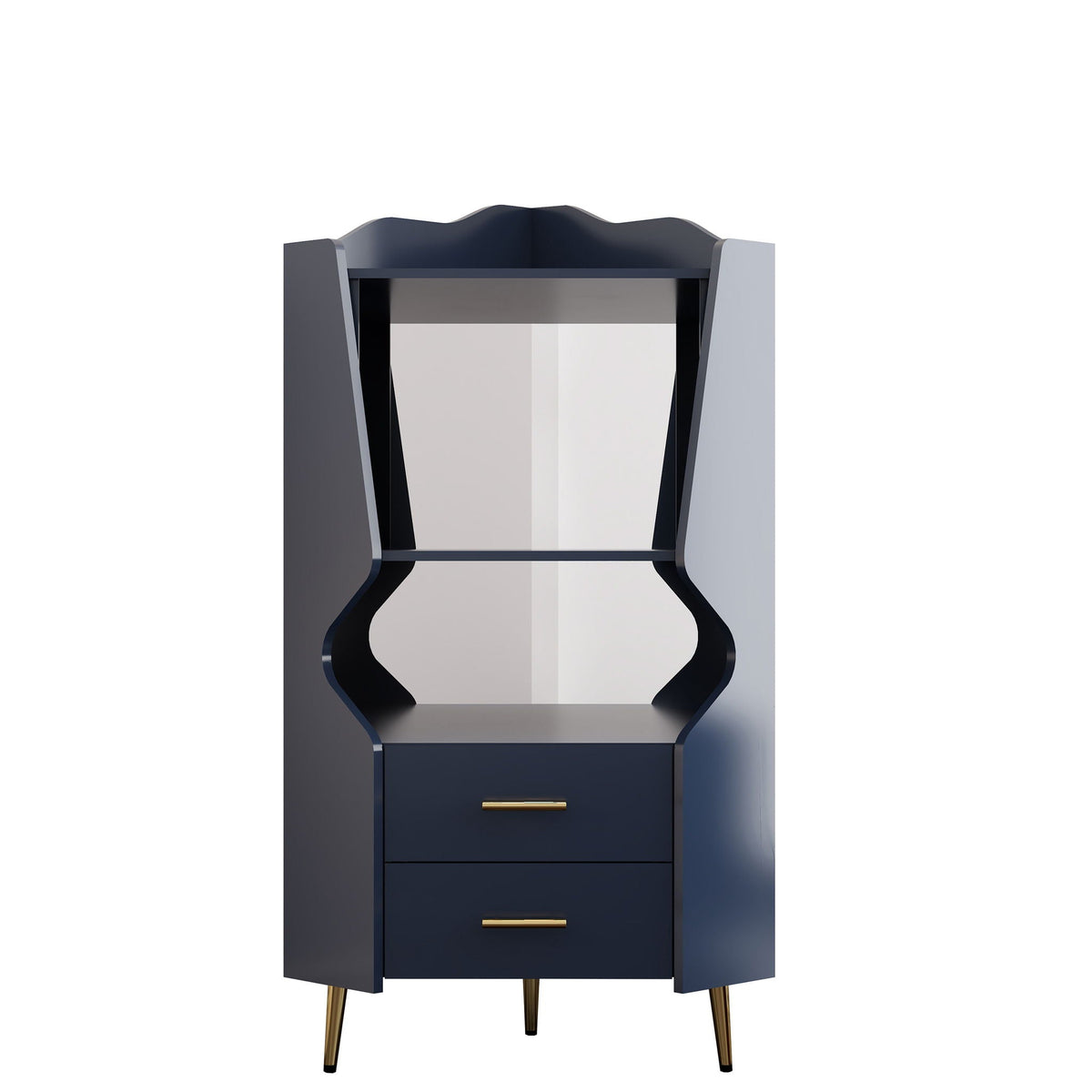 Corner Bar Cabinet by HouseOfZazla navy wood with mirrored back and storage shelves, gold legs on Tampa Home & Garden Store