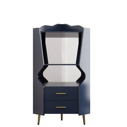 Corner Bar Cabinet by HouseOfZazla navy wood with mirrored back and storage shelves, gold legs on Tampa Home & Garden Store
