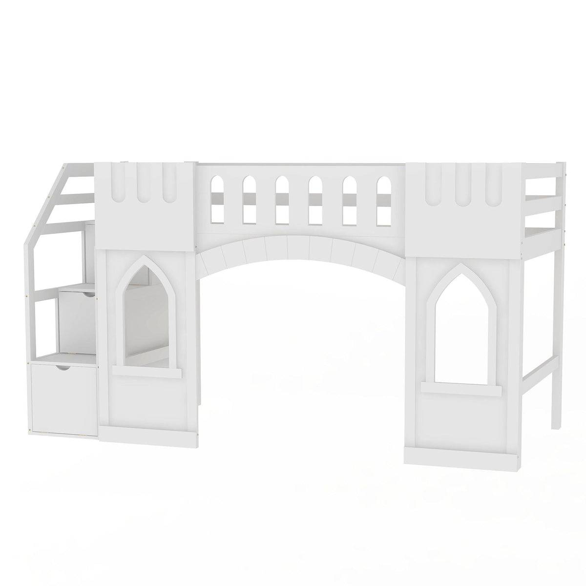 Loft bed with storage staircase and arched window panels, white finish, drawers HouseOfZazla on Tampa Home & Garden Store