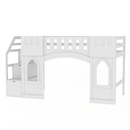 Loft bed with storage staircase and arched window panels, white finish, drawers HouseOfZazla on Tampa Home & Garden Store