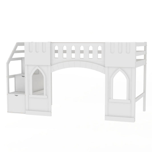 Loft bed with storage staircase and arched window panels, white finish, drawers HouseOfZazla on Tampa Home & Garden Store