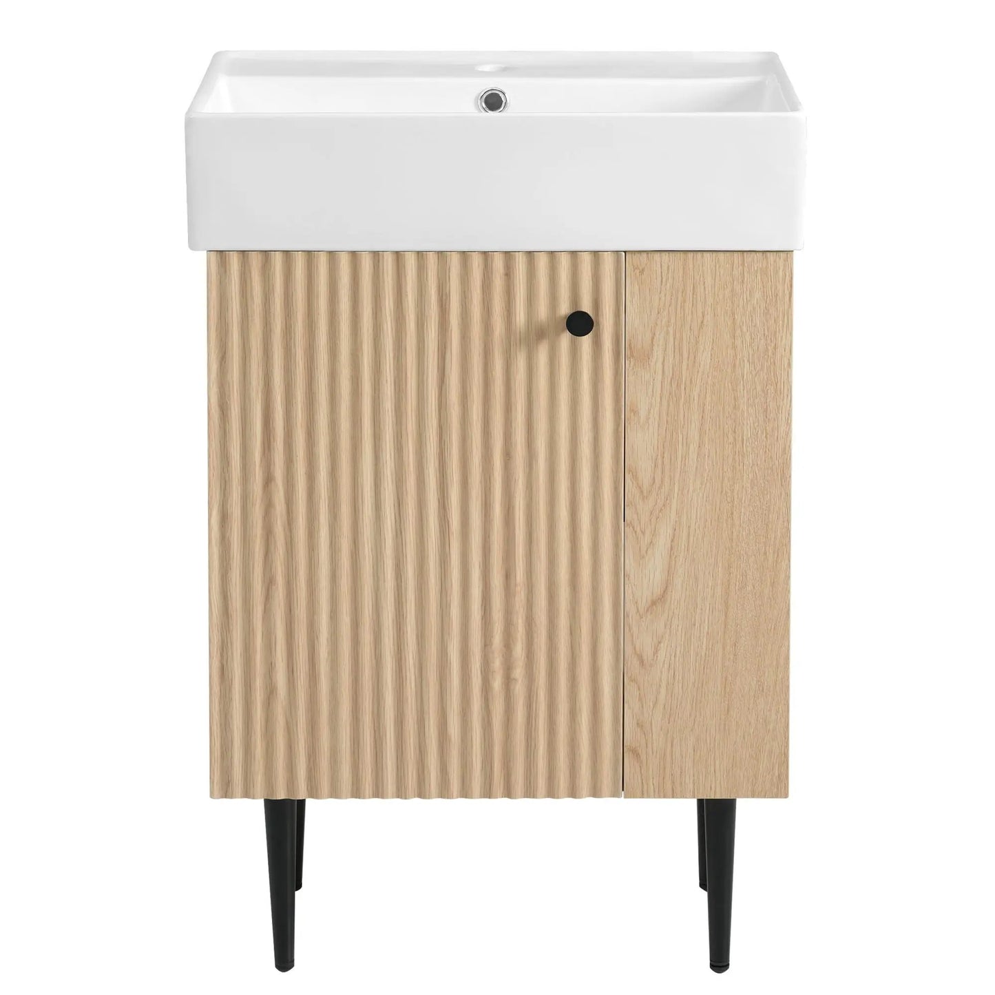 Bathroom vanity with a white ceramic sink on a light oak cabinet with vertical doors on Tampa Home & Garden Store