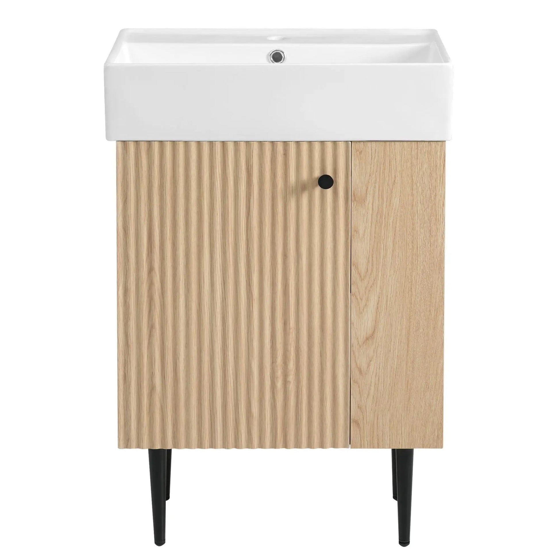 Bathroom vanity with a white ceramic sink on a light oak cabinet with vertical doors on Tampa Home & Garden Store