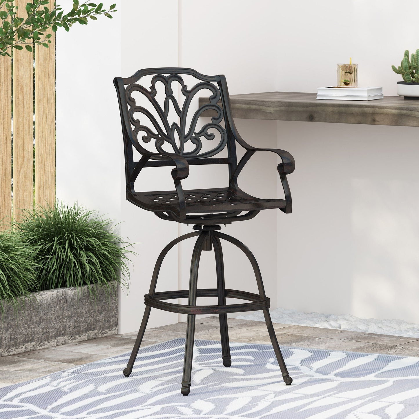 Outdoor Cast Aluminum Swivel Bar Stool In Bronze