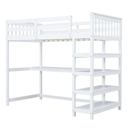 White loft bed with built-in storage shelves and under-bed desk, HouseOfZazla loft beds on Tampa Home & Garden Store
