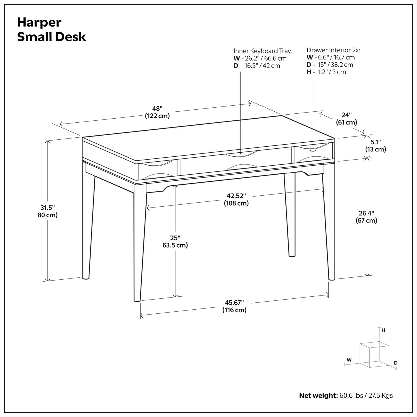 Harper Handcrafted Desk writing desk with two front drawers in blueprint drawing on Tampa Home & Garden Store
