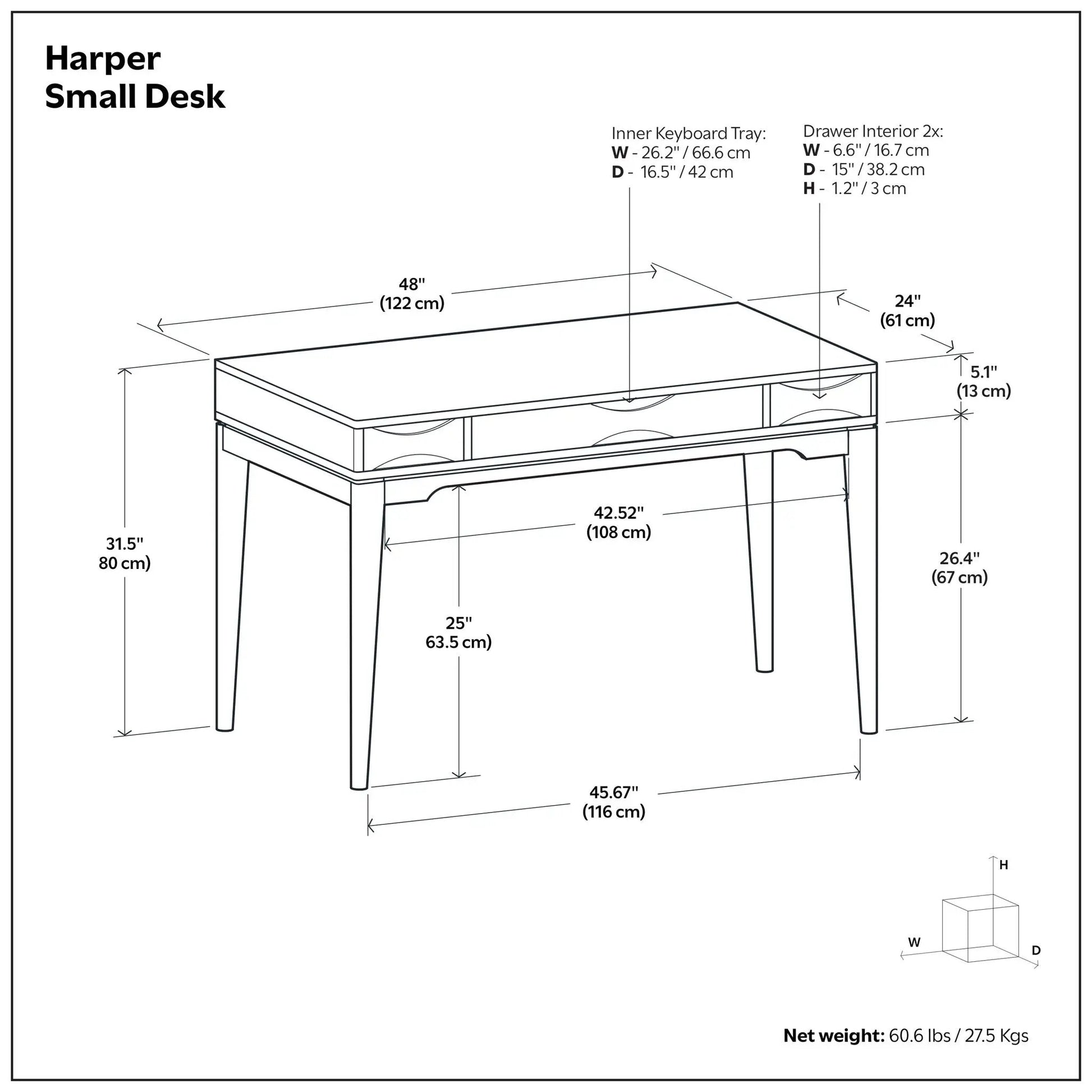 Harper Handcrafted Desk writing desk with two front drawers in blueprint drawing on Tampa Home & Garden Store