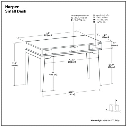 Harper Handcrafted Desk writing desk with two front drawers in blueprint drawing on Tampa Home & Garden Store