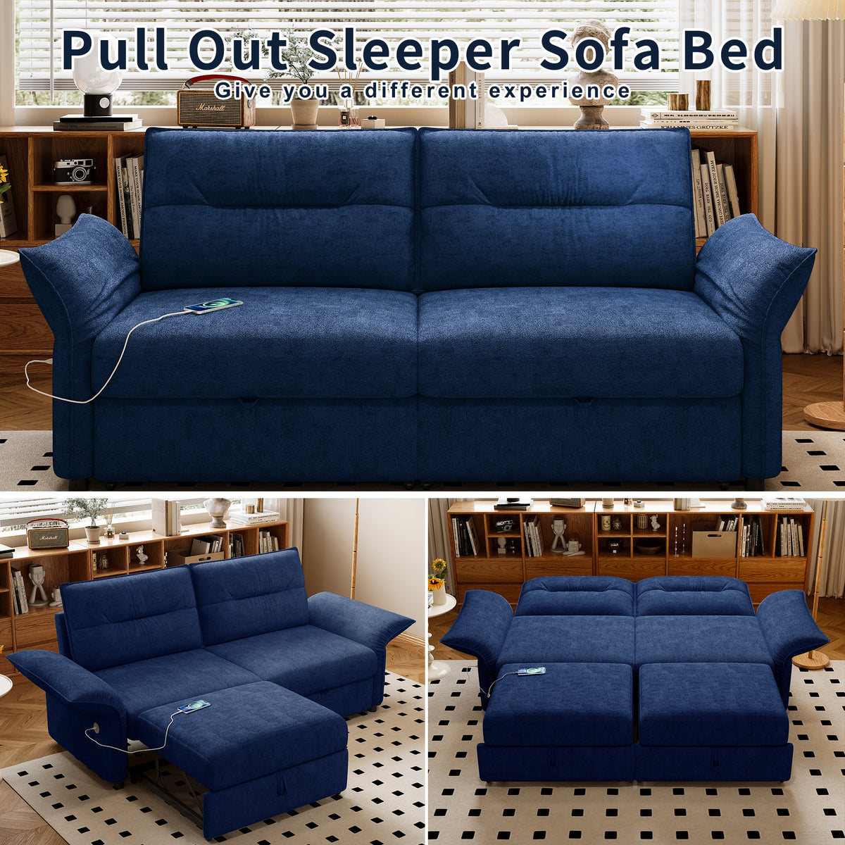 Multi-Functional 85in Convertible Sofa Bed by HouseOfZazla in blue with shelves on Tampa Home & Garden Store