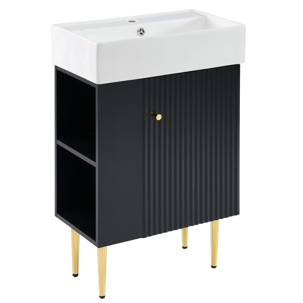 Bathroom vanity with ceramic sink, white top, black ribbed cabinet, gold legs HouseOfZazla on Tampa Home & Garden Store