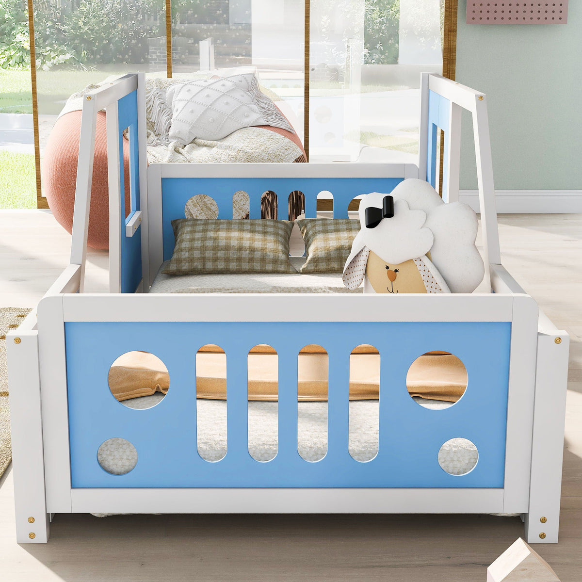 Classic Car Shaped Platform Bed With Wheels white and blue HouseOfZazla car bed air bed for kids on Tampa Home & Garden Store