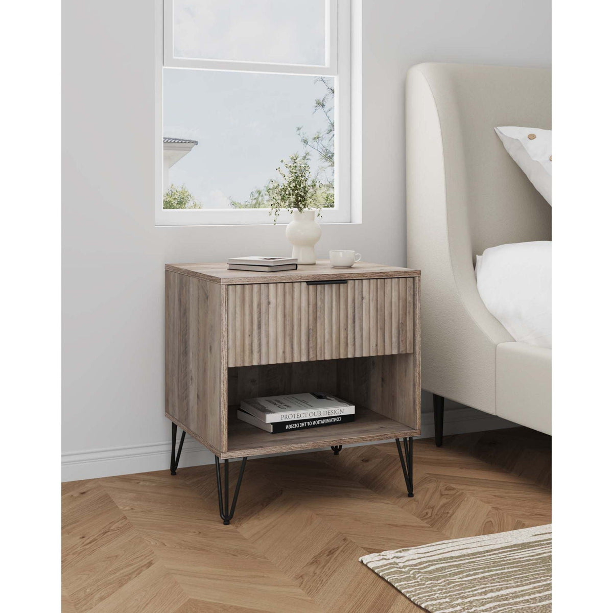 Modern Nightstand with Fluted Drawer by HouseOfZazla, natural wood finish, metal hairpin legs on Tampa Home & Garden Store