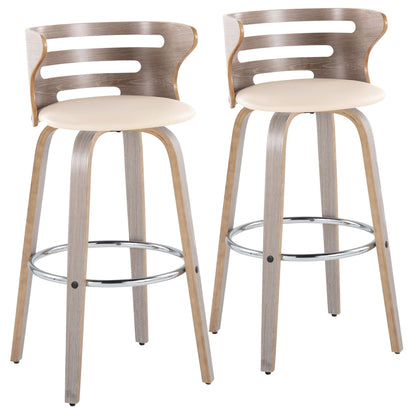 Pair of mid-century bar stools with curved wood backs and beige seats plus chrome footrests on Tampa Home & Garden Store