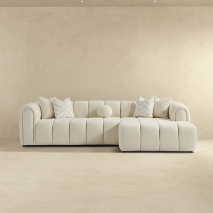 Beatrice ivory modern tufted right sectional sofa by HouseOfZazla with chevron pillows on Tampa Home & Garden Store