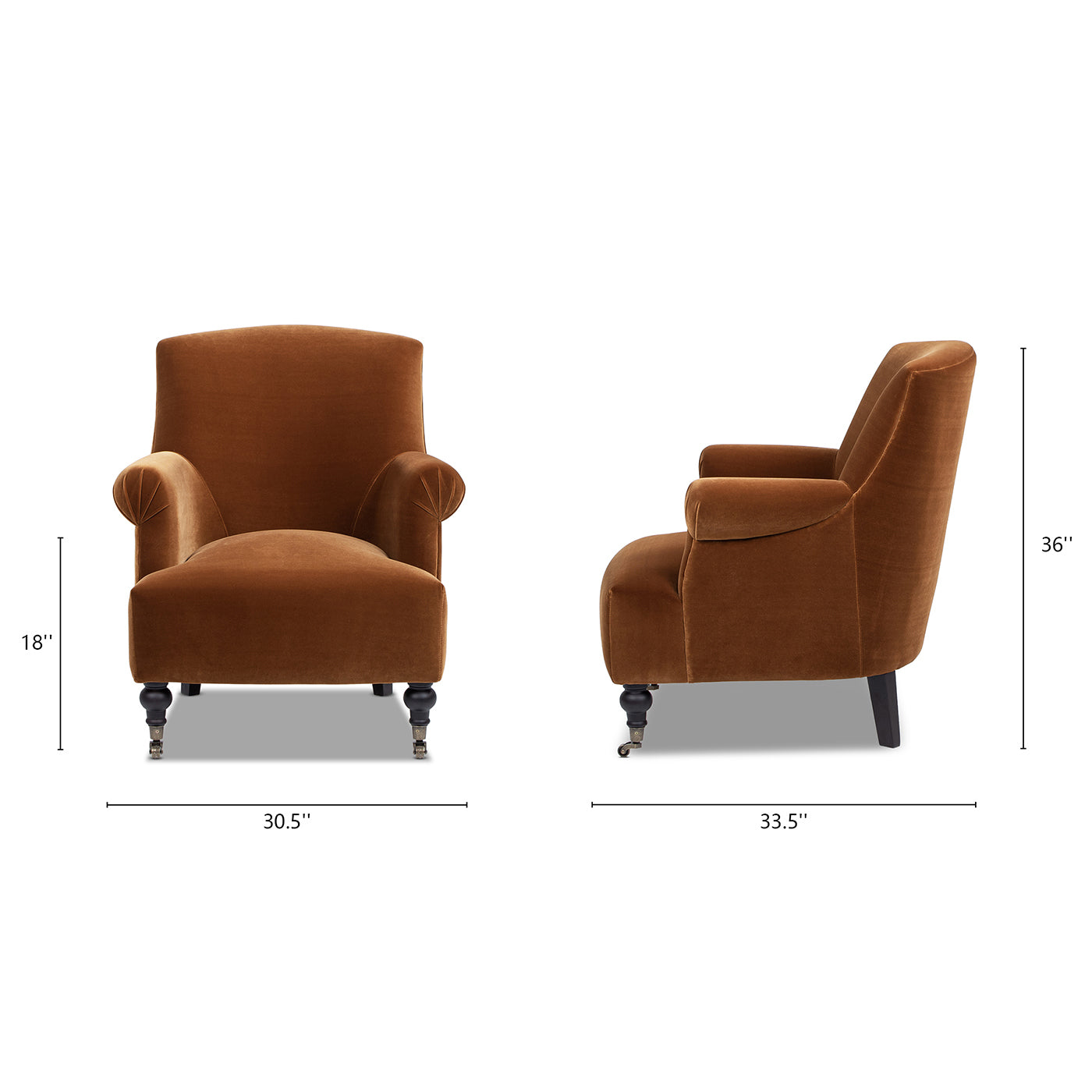 Eloise 30' Pleated Sock Arm Accent Armchair burnt orange velvet with arms and caster legs on Tampa Home & Garden Store