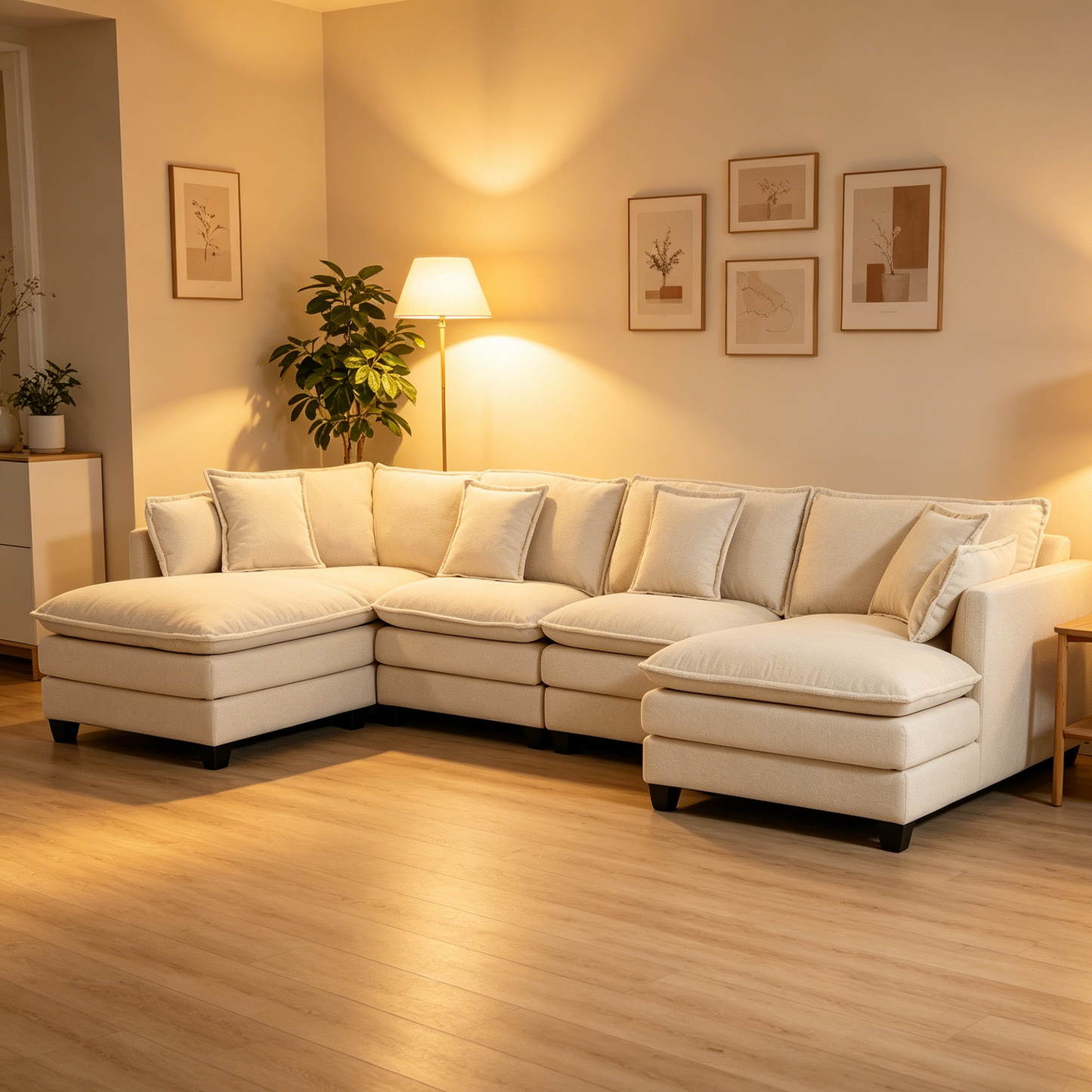 Modern 4-seater sectional sofa with 2 ottomans in cream fabric, plush cushions HouseOfZazla on Tampa Home & Garden Store
