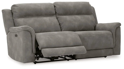 Next-Gen Durapella reclining power sofa in gray with plush cushions and extended footrest on Tampa Home & Garden Store