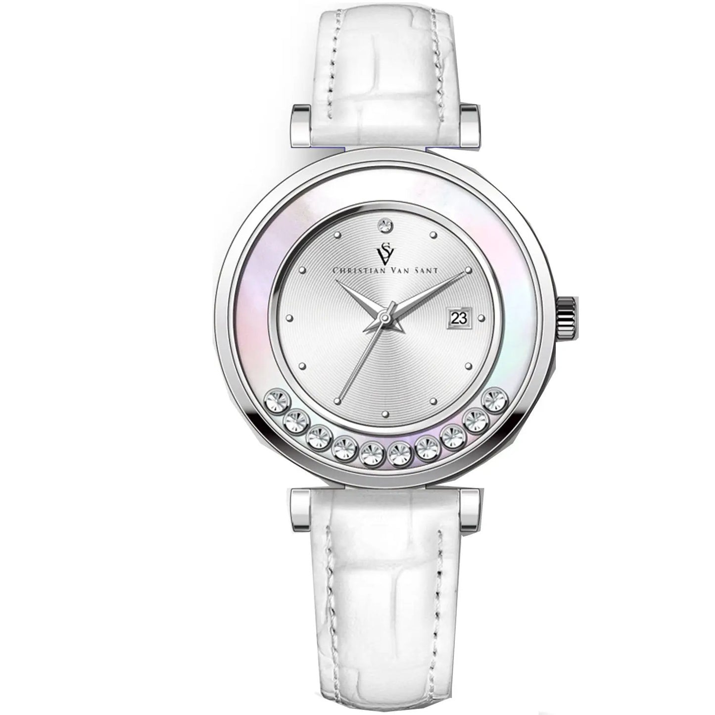 Christian Van Sant Bria watch with white leather strap, silver case, crystal bezel on Tampa Home & Garden Store