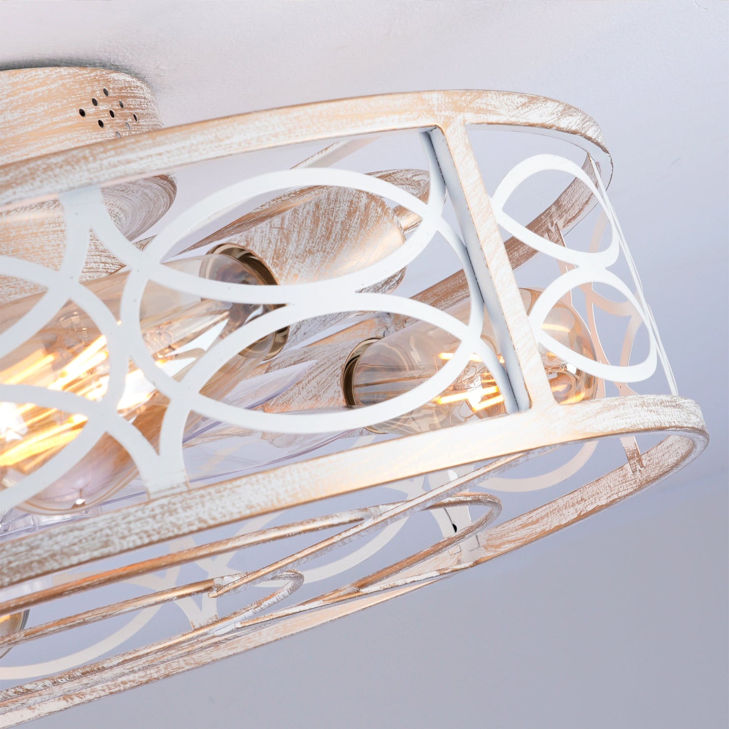 HouseOfZazla 20-inch caged ceiling fan with lights and remote in distressed white finish with white lattice cage on Tampa Home & Garden Store