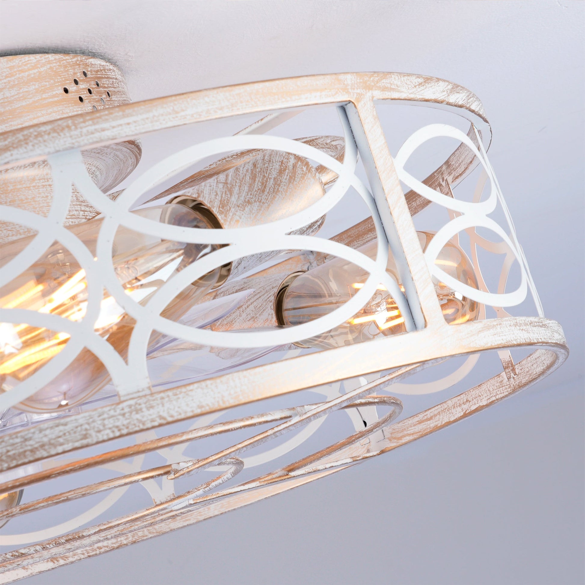 HouseOfZazla 20-inch caged ceiling fan with lights and remote in distressed white finish with white lattice cage on Tampa Home & Garden Store