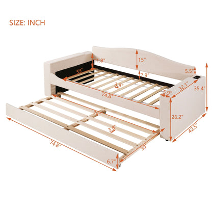Upholstered daybed with storage armrests and trundle, beige fabric, audio system, HouseOfZazla on Tampa Home & Garden Store