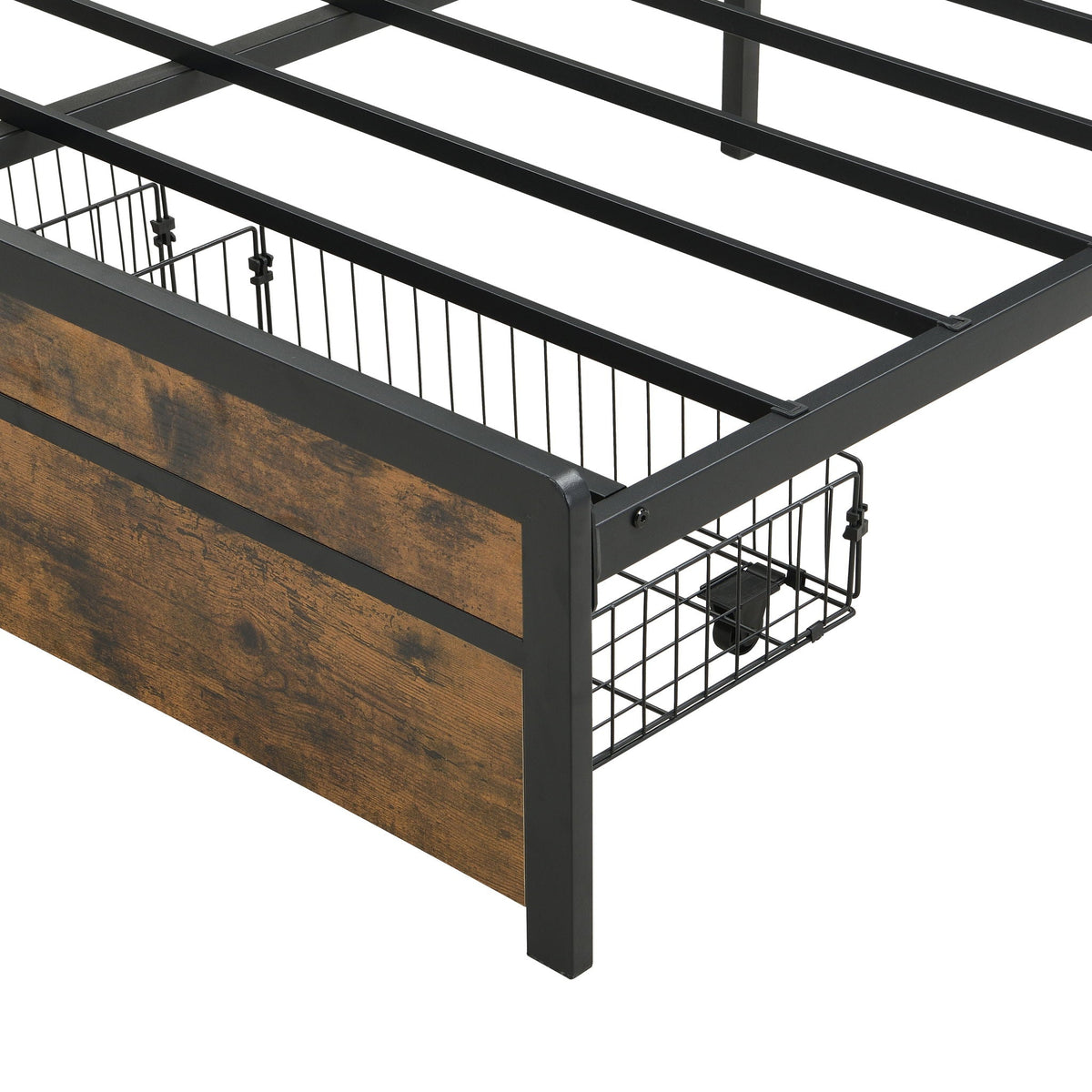 Storage bed frame with black metal rails, woodgrain footboard, and side wire baskets on Tampa Home & Garden Store