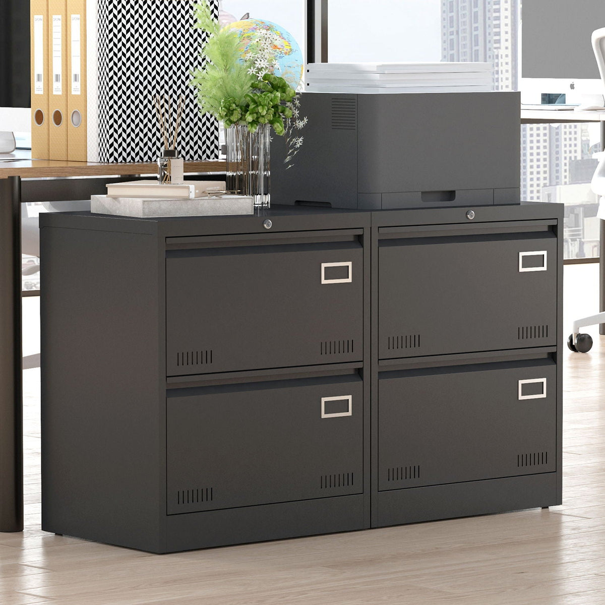 Black metal 2-drawer filing cabinet with lock, pair of units for office storage on Tampa Home & Garden Store
