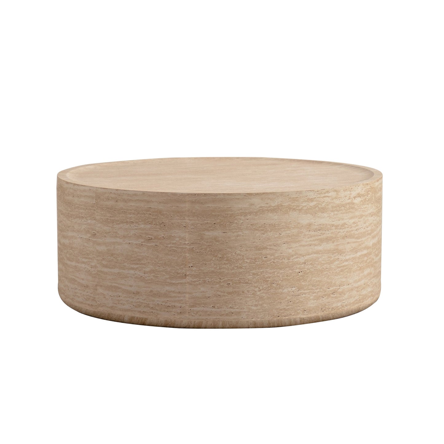 31.5-inch round coffee table with Mars pattern in beige travertine texture cylindrical base on Tampa Home & Garden Store