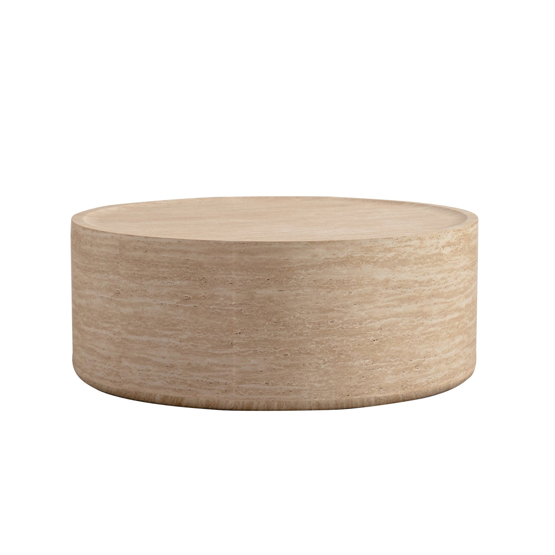 31.5-inch round coffee table with Mars pattern in beige travertine texture cylindrical base on Tampa Home & Garden Store
