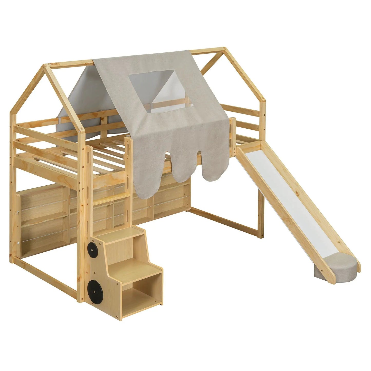 Loft bed with house-shaped pine frame and beige fabric tent on Tampa Home & Garden Store
