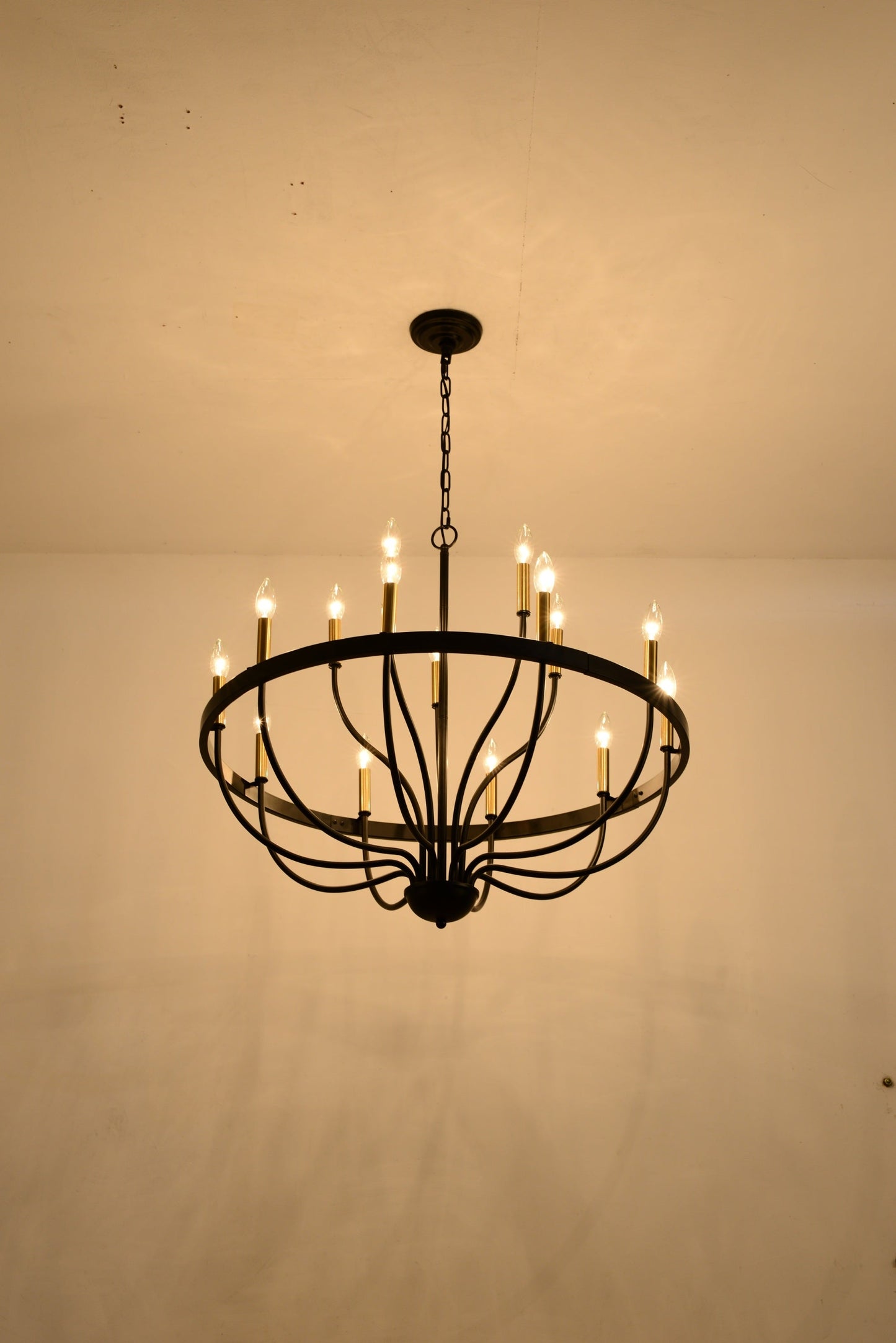 18-Light Industrial Iron Candle Chandelier with black metal frame and candle bulbs on Tampa Home & Garden Store