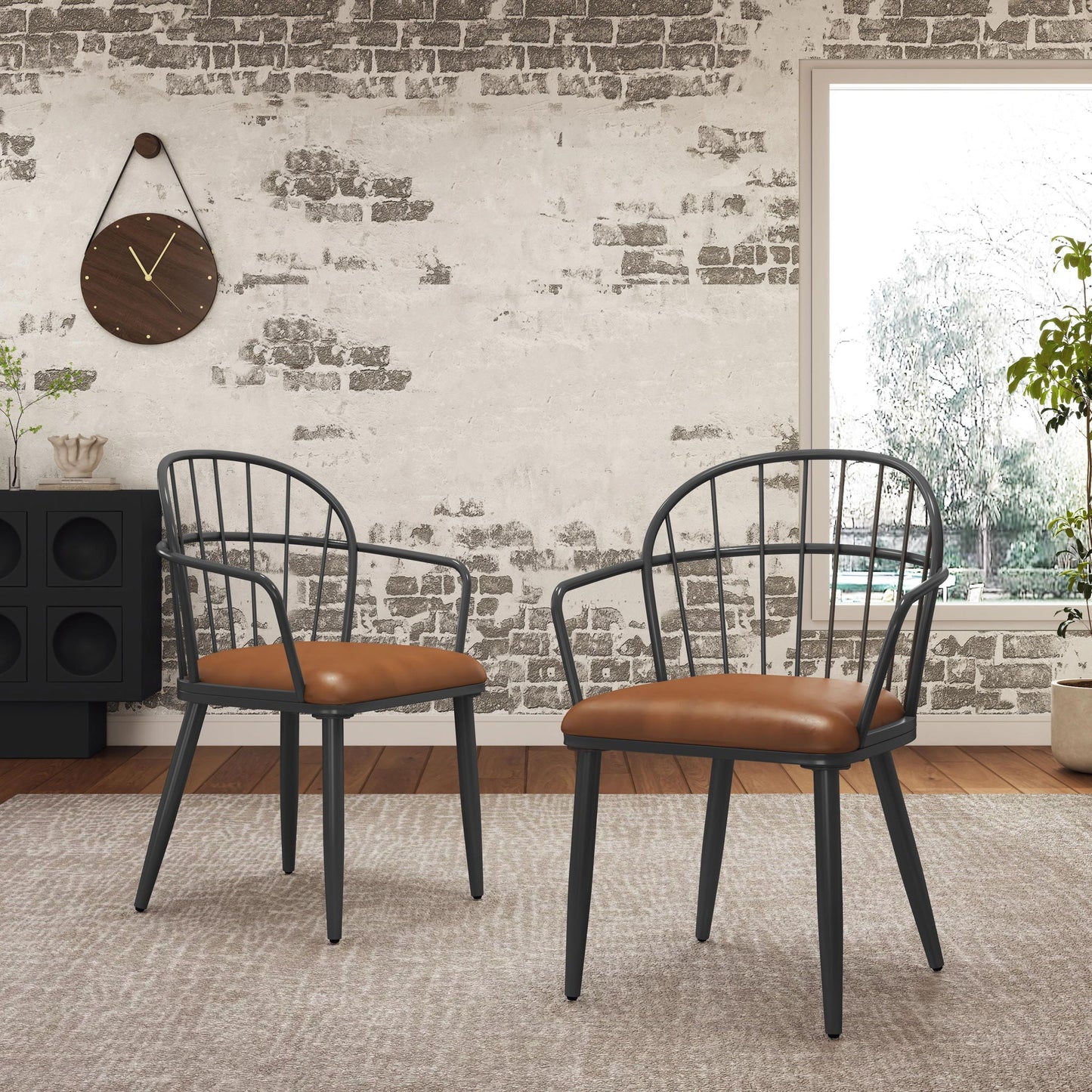 Industrial inspired upholstered dining chairs set of 2 with brown leather seats and metal legs on Tampa Home & Garden Store